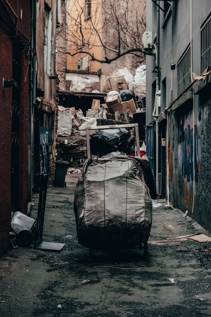 A narrow urban alleyway cluttered with a large, wheeled rubbish bin covered in a weathered, grey fabric bag positioned in the foreground, surrounded by scattered debris, including a black plastic bag and small waste items on the dark, stained asphalt ground. In the background, an accumulation of industrial trash, cardboard boxes, and larger waste materials is stacked against a wall, partially obscured by leafless tree branches and the surrounding brick and metal building facades. To the right, the exterior of a building with metal security grilles and graffiti-covered surfaces is visible, while on the left, a weathered metal door and a wooden structure contribute to the constrained, neglected environment. The scene is illuminated by ambient daylight, highlighting the textures of the debris, the rough ground, and the urban setting, reflecting an on-site waste management situation that might involve independent collection outside of standard municipal rubbish services, emphasizing private disposal practices consistent with rubbish removal services.